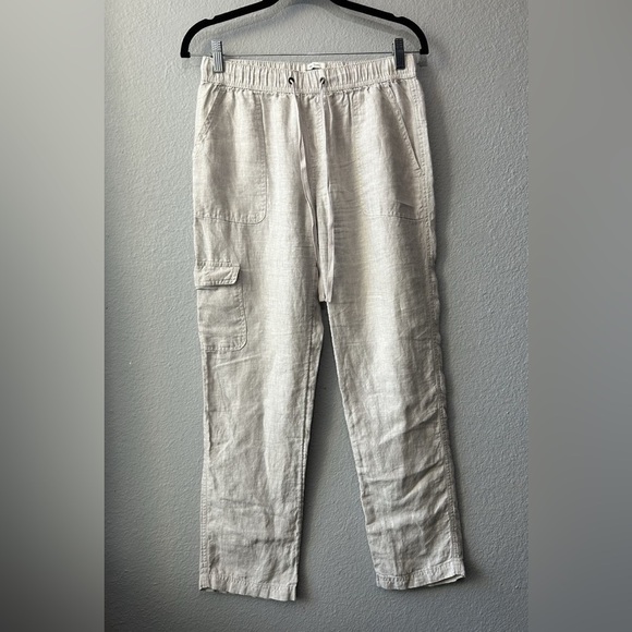 Rachel Zoe Khaki Grey Cargo 100% Linen Pants Drawstring Waistband Lounge Casual​ - Picture 1 of 8